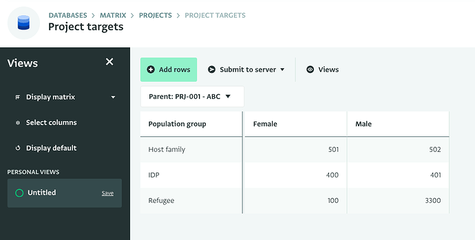 Screenshot of matrix entry view